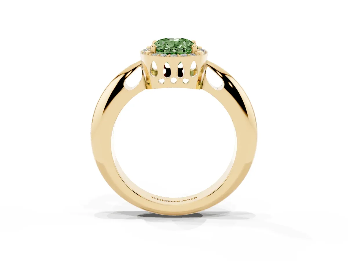 Fancy Green Oval Cut Cut Diamond Halo Engagement Ring with Split Shank and Four-Prong Setting Yellow gold