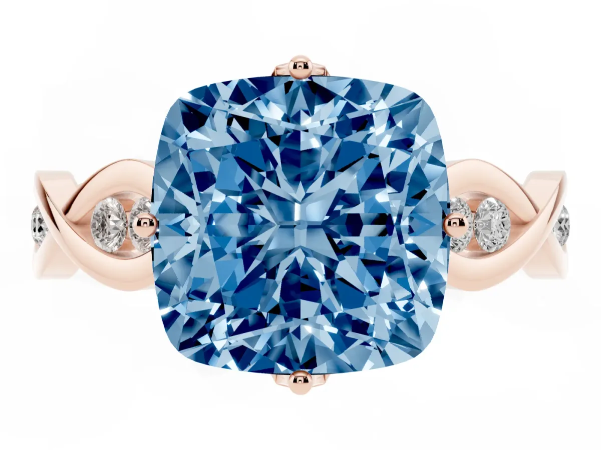 Fancy Blue Cushion Cut Solitaire Twist Band with Leaf Prong Setting Rose gold