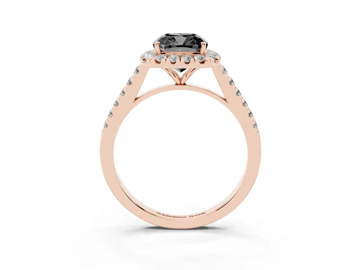 Fancy Black Cushion Cut Halo Pave Diamond Engagement Ring with Four-Prong Setting Rose gold