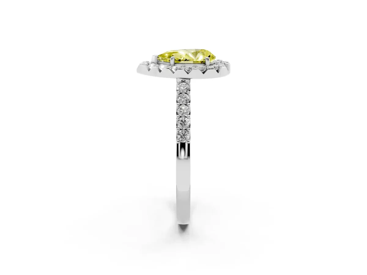Fancy Yellow Pear Cut Halo Diamond Pavé Solitaire Ring White gold