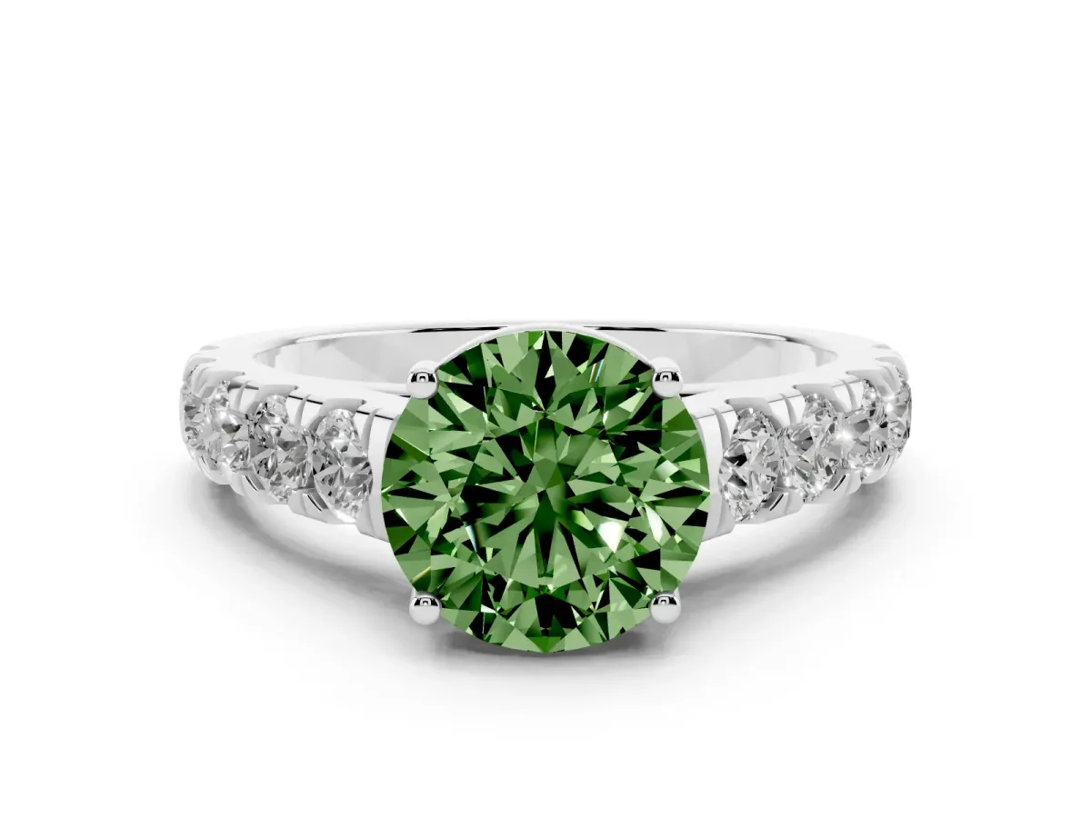 Fancy Green Round Cut Cut Diamond Solitaire Ring with Micro Pave Band and Prong Setting Silver