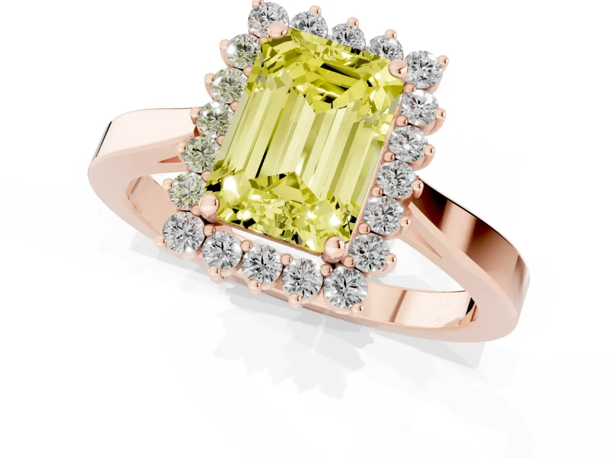 Fancy Yellow Emerald Cut Cut Diamond Halo Ring with Round Brilliant Halo and Solitaire Band Rose gold