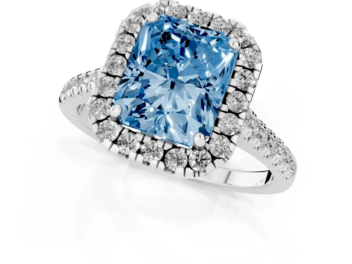 Fancy Blue Radiant Cut Diamond Cushion Halo Ring with Pavé Band Silver