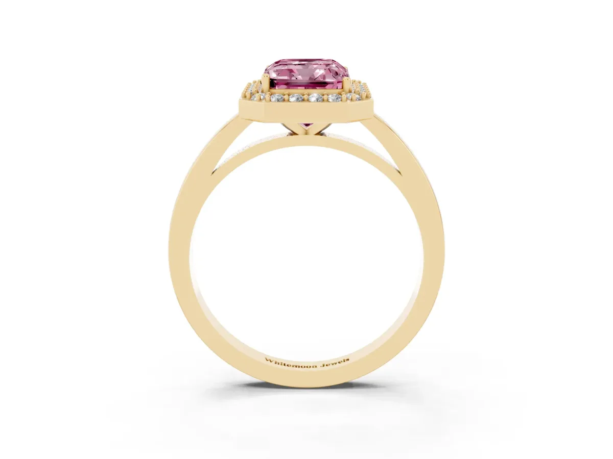 Fancy Pink Radiant Cut Halo Diamond Ring with Solitaire Band and Prong Setting Yellow gold