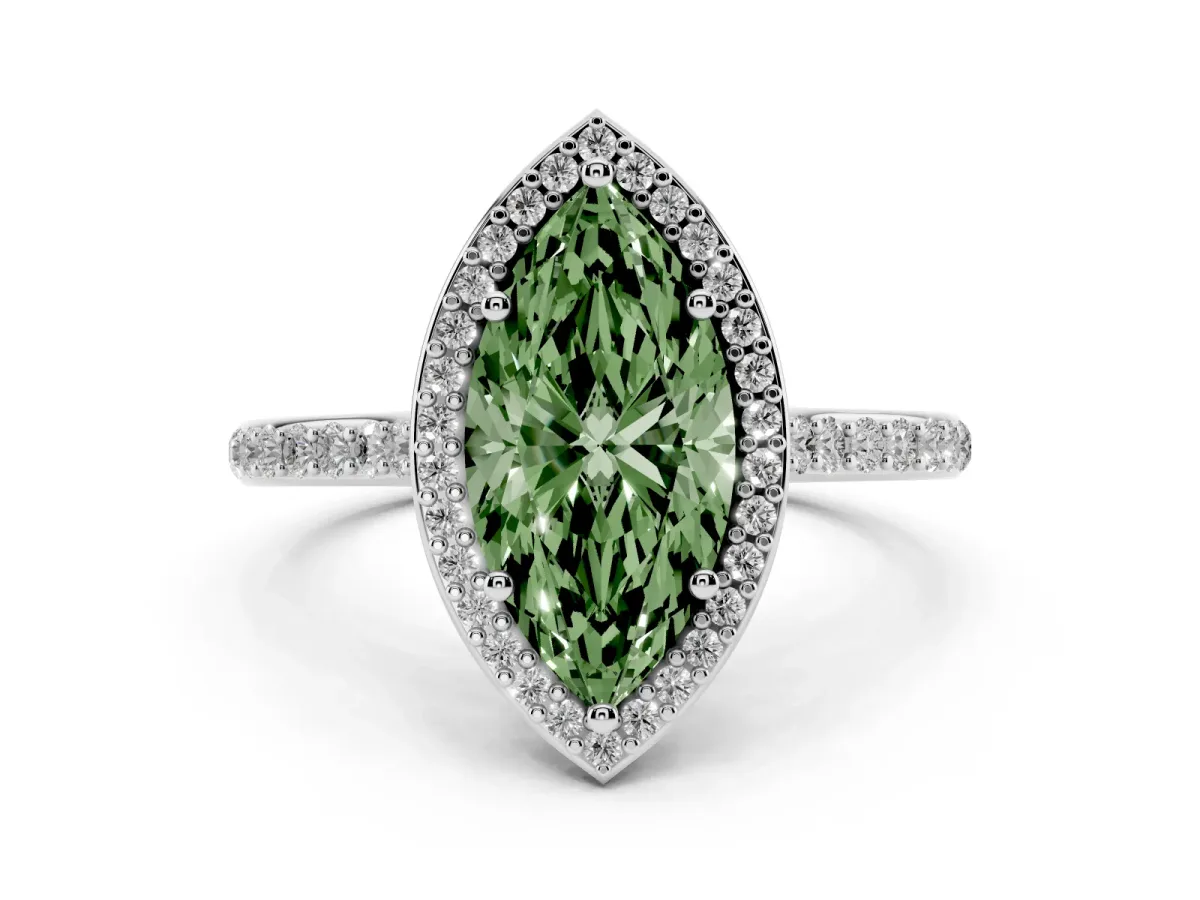 Fancy Green Marquise Cut Diamond Halo Engagement Ring with Round Pavé Shoulders and Prong Setting White gold