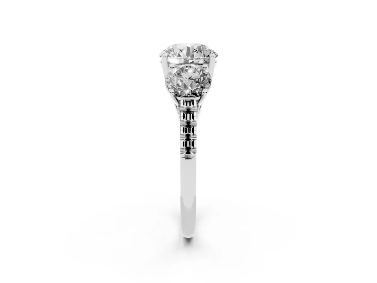Three-Stone Round Cut Diamond Ring with Round Pavé Band and Prong Setting Silver