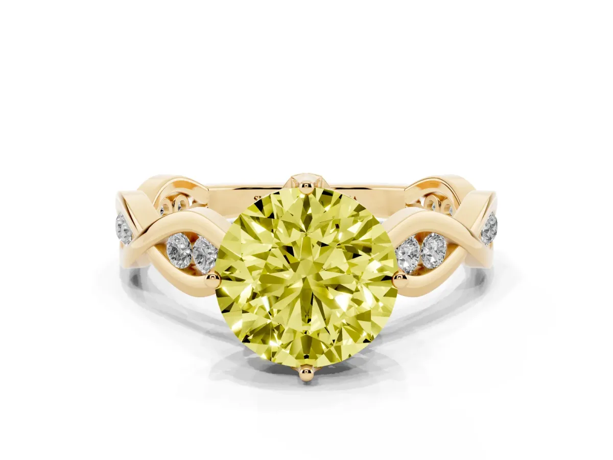 Fancy Yellow Round Cut Solitaire Twist Band with Leaf Prong Setting Yellow gold