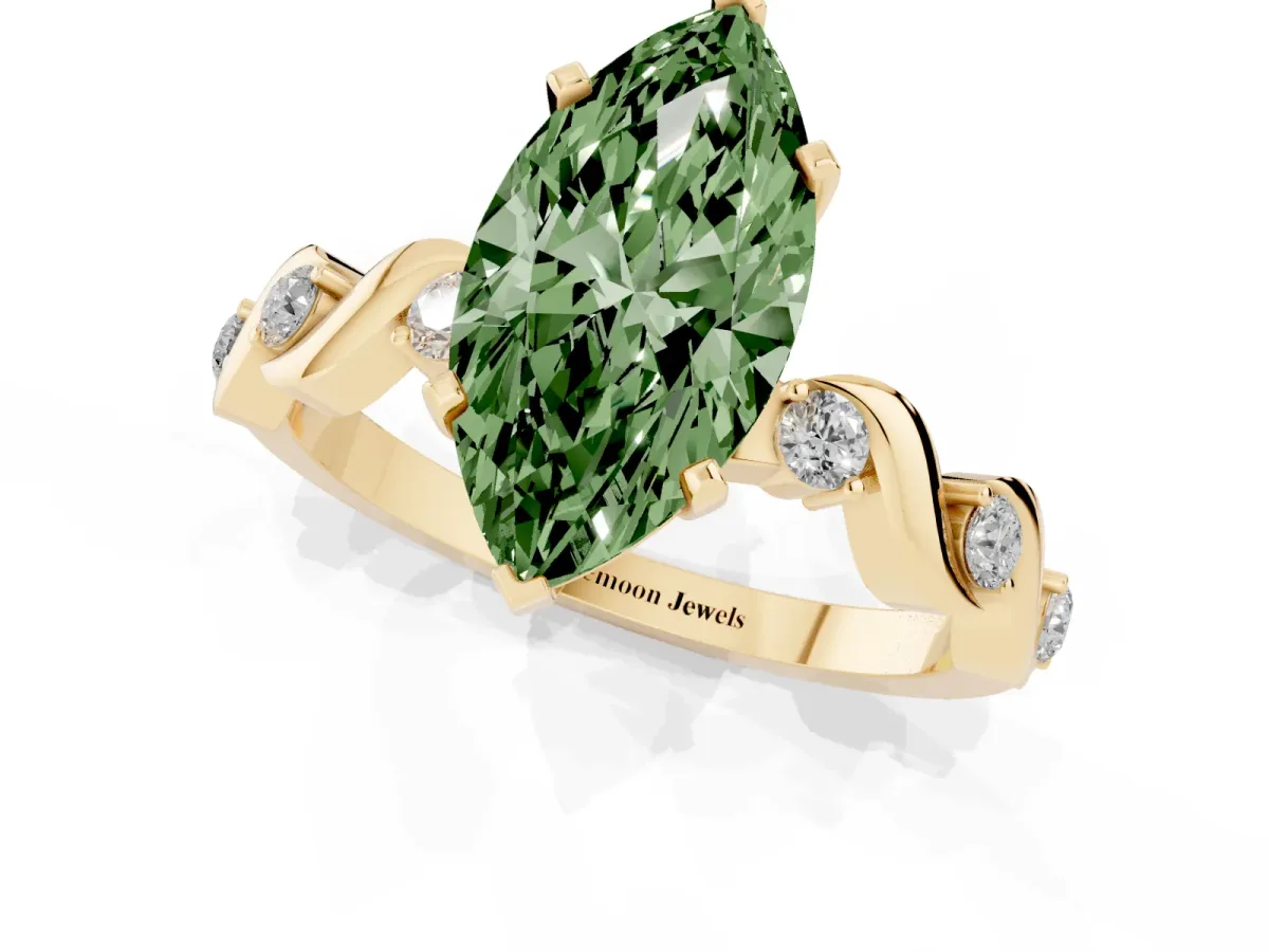 Fancy Green Marquise Cut Diamond Solitaire Twisted Band with Round Accents and Prong Setting Yellow gold