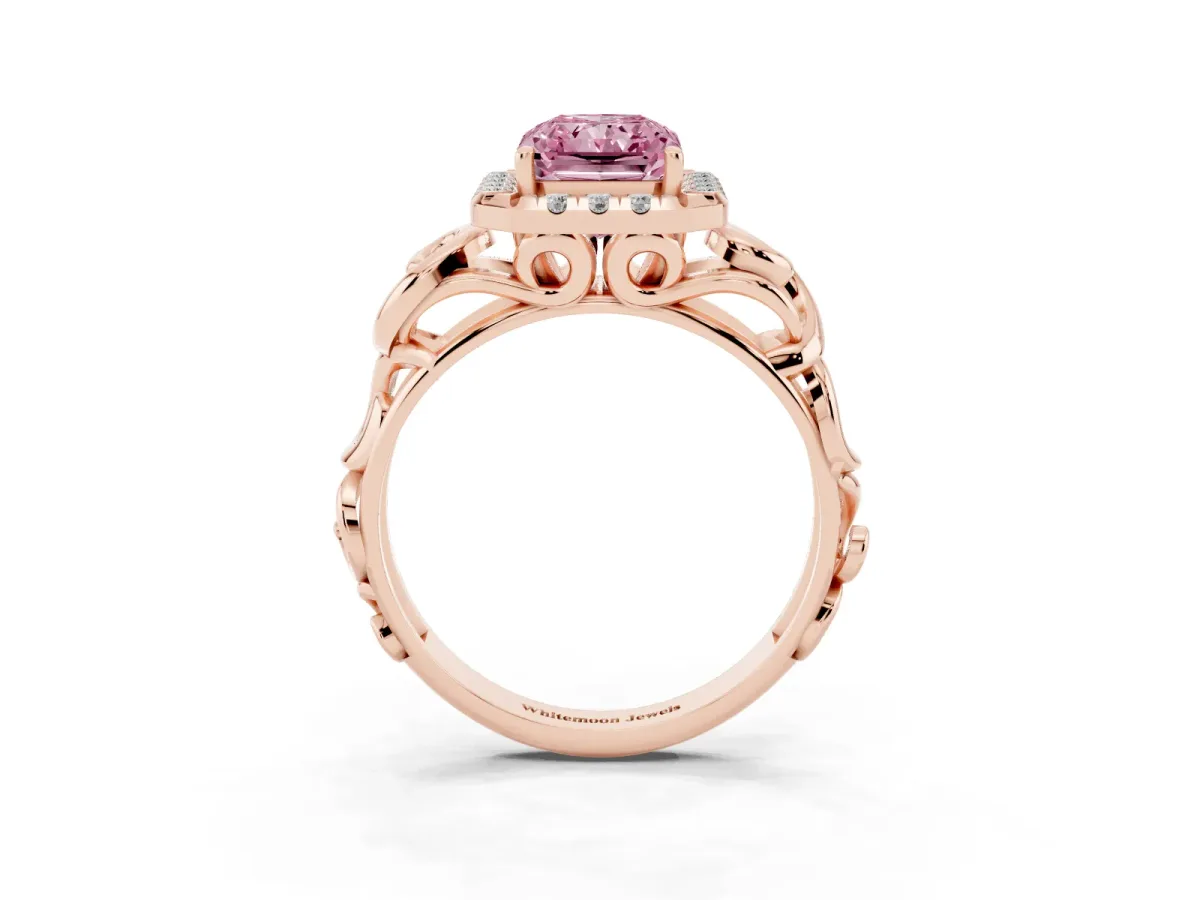 Fancy Pink Radiant Cut Cut Halo Diamond Ring with Scrollwork Band and Four-Prong Setting Rose gold