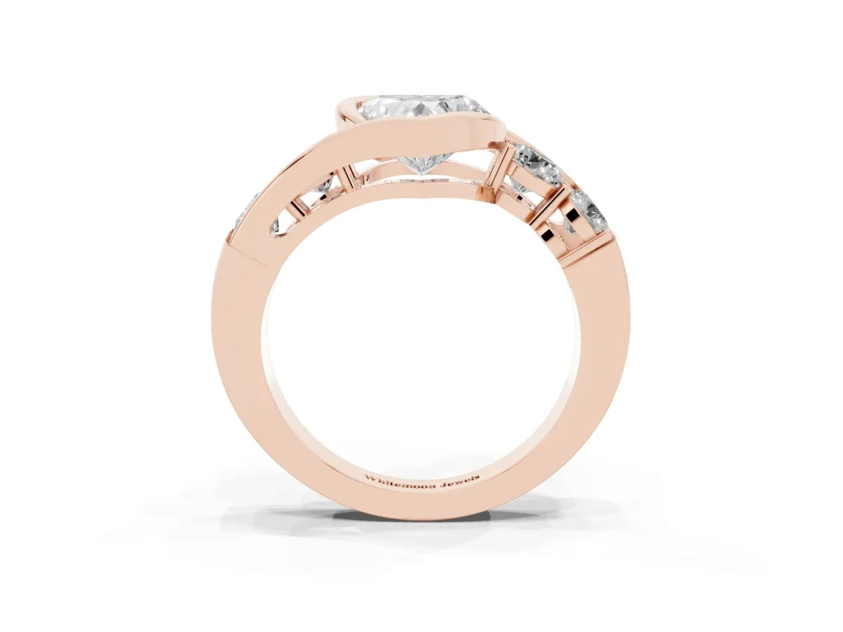 Bezel Set Heart Cut Diamond Bypass Ring with Round Accents Rose gold