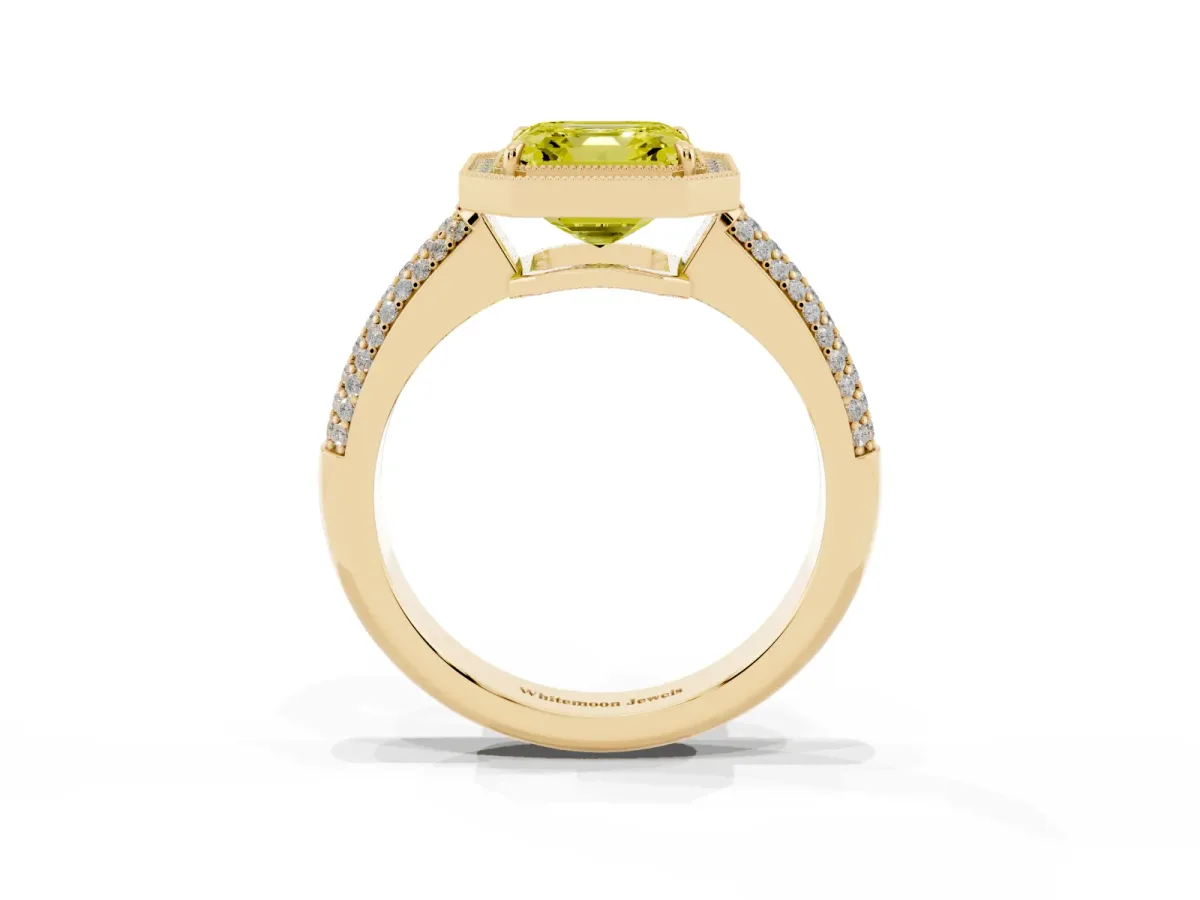 Fancy Yellow Asscher Cut Cut Halo Diamond Pave Band with Four-Prong Setting Yellow gold