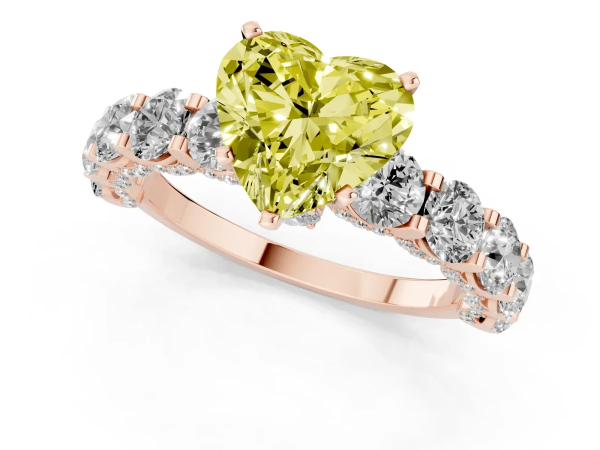 Fancy Yellow Heart Cut Diamond Side Stone Engagement Ring with Four-Prong Setting Rose gold