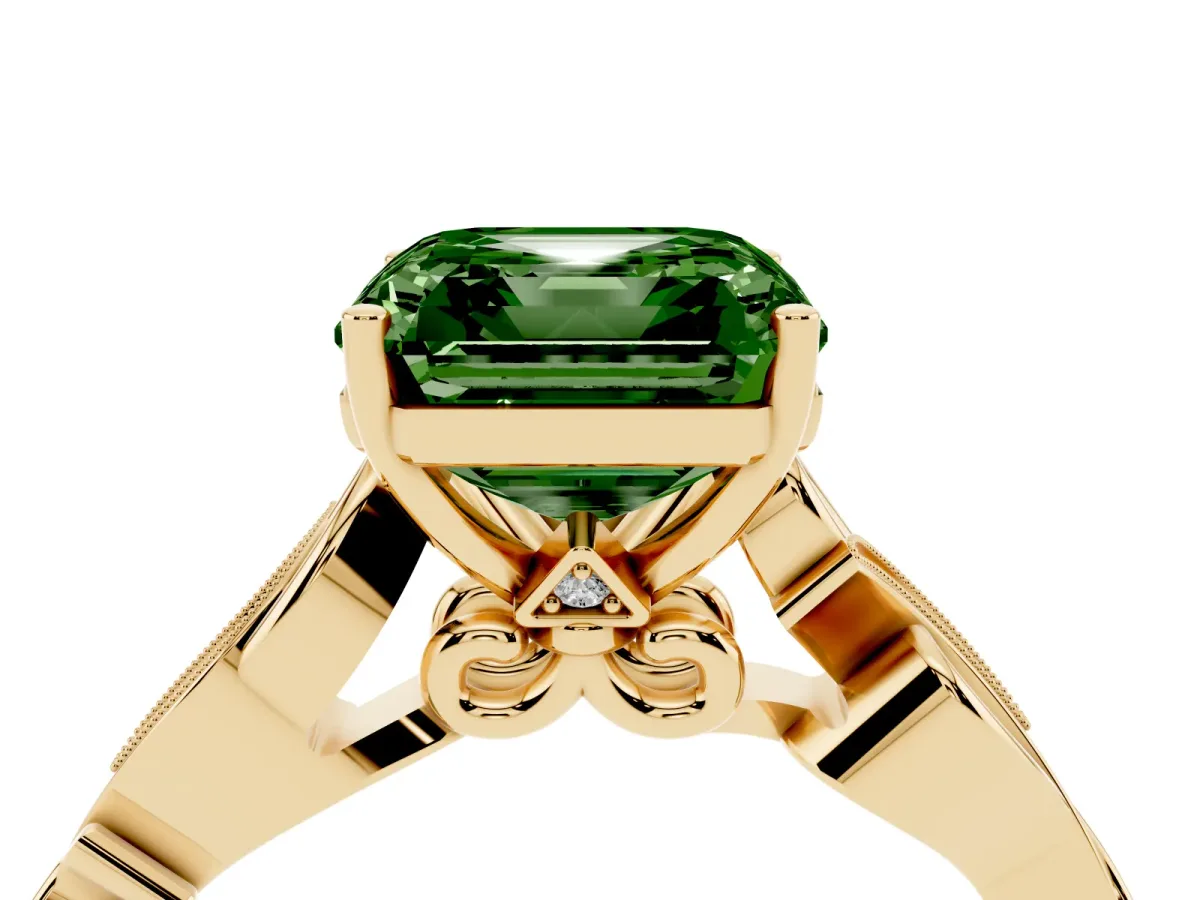 Fancy Green Asscher Cut Solitaire Vine Band with Milgrain Prong Setting Yellow gold