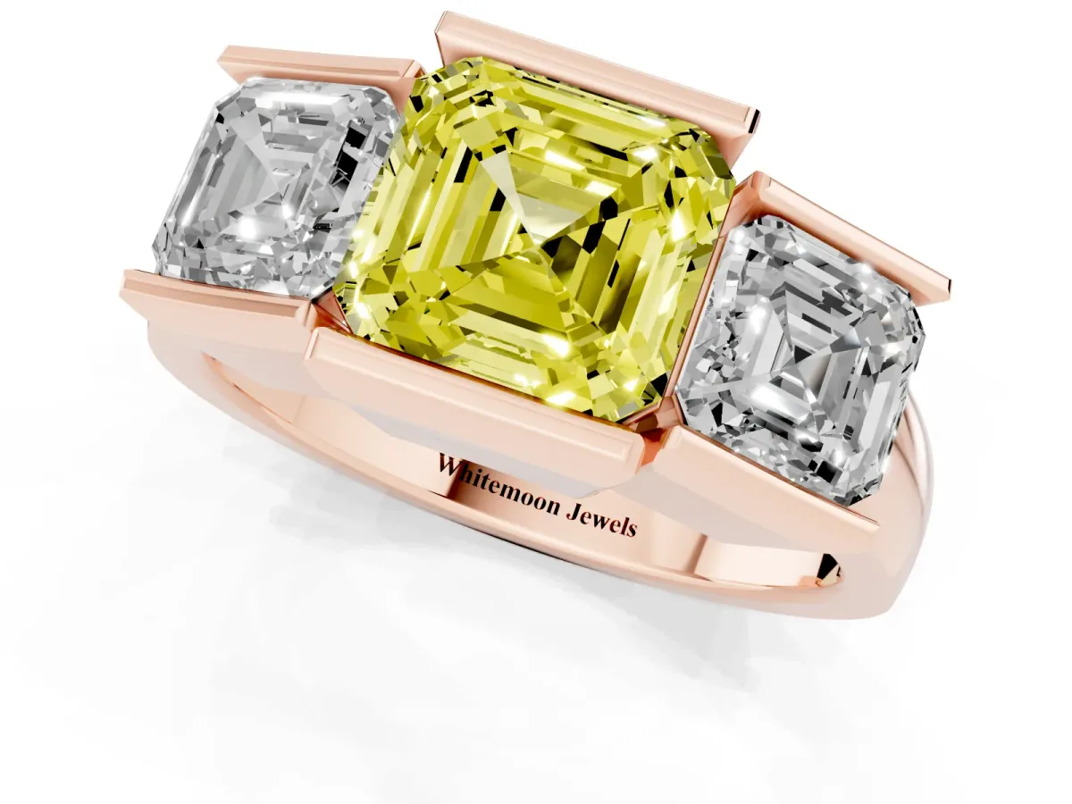 Fancy Yellow Three Stone Asscher Cut Cut Channel Set Diamond Ring Rose gold
