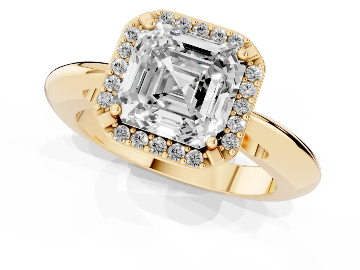 Asscher Cut Cut Diamond Halo Engagement Ring with Split Shank and Four-Prong Setting Yellow gold