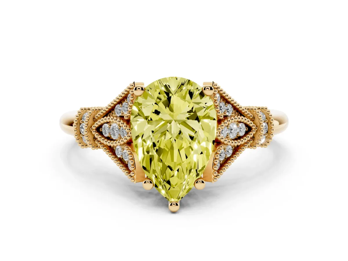 Fancy Yellow Pear Cut Diamond Solitaire Ring with Floral Filigree and Pave Accents Yellow gold