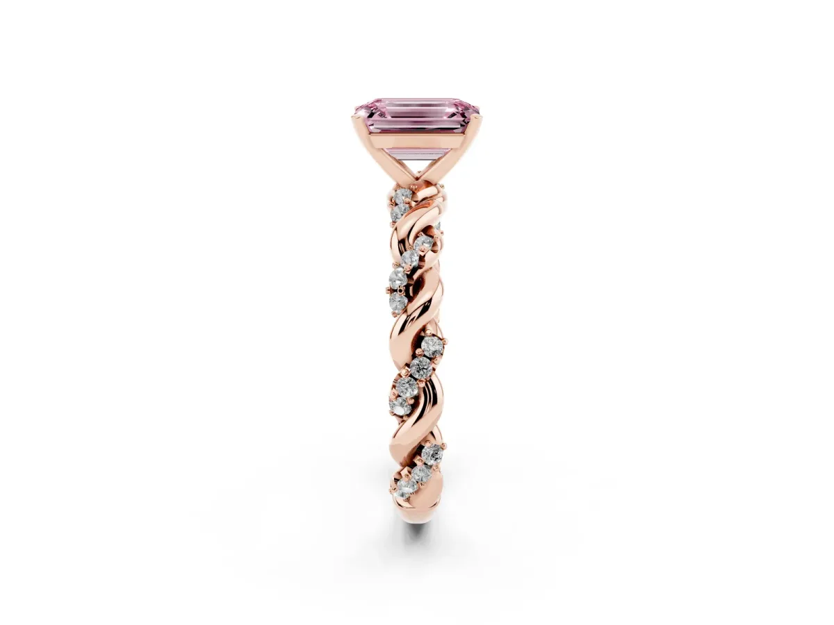 Fancy Pink Emerald Cut Diamond Solitaire Ring with Twisted Band and Pavé Accents Rose gold