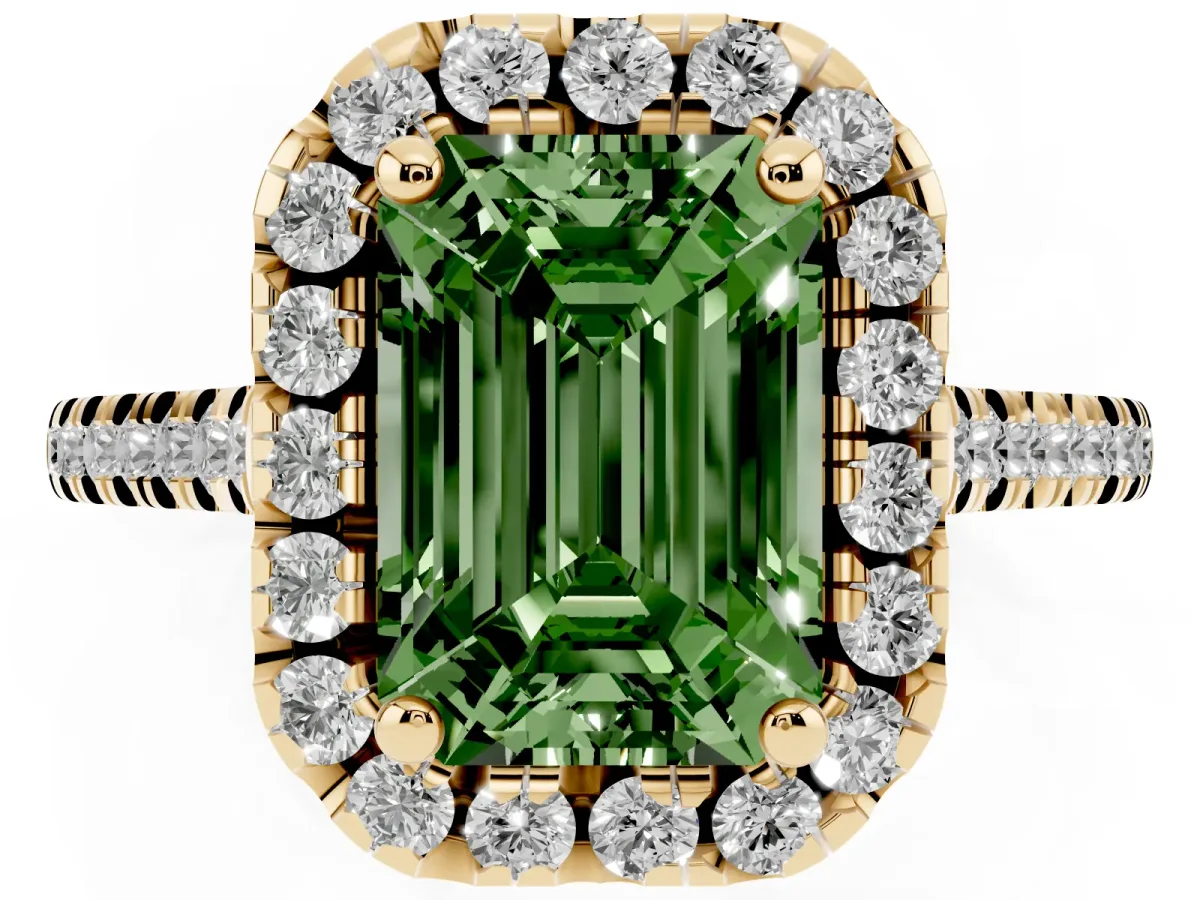 Fancy Green Emerald Cut Diamond Cushion Halo Ring with Pavé Band Yellow gold