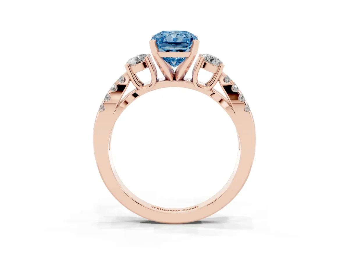 Fancy Blue Radiant Cut Diamond Three-Stone Ring with Pavé Split Shank and Four-Prong Setting Rose gold