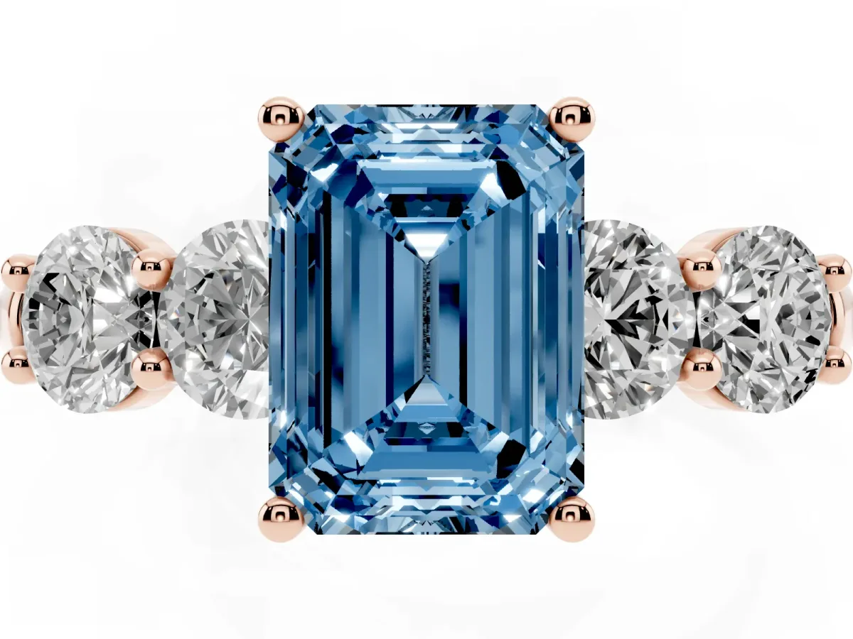 Fancy Blue Emerald Cut Cut Five-Stone Prong Set Diamond Ring with Classic Band Rose gold