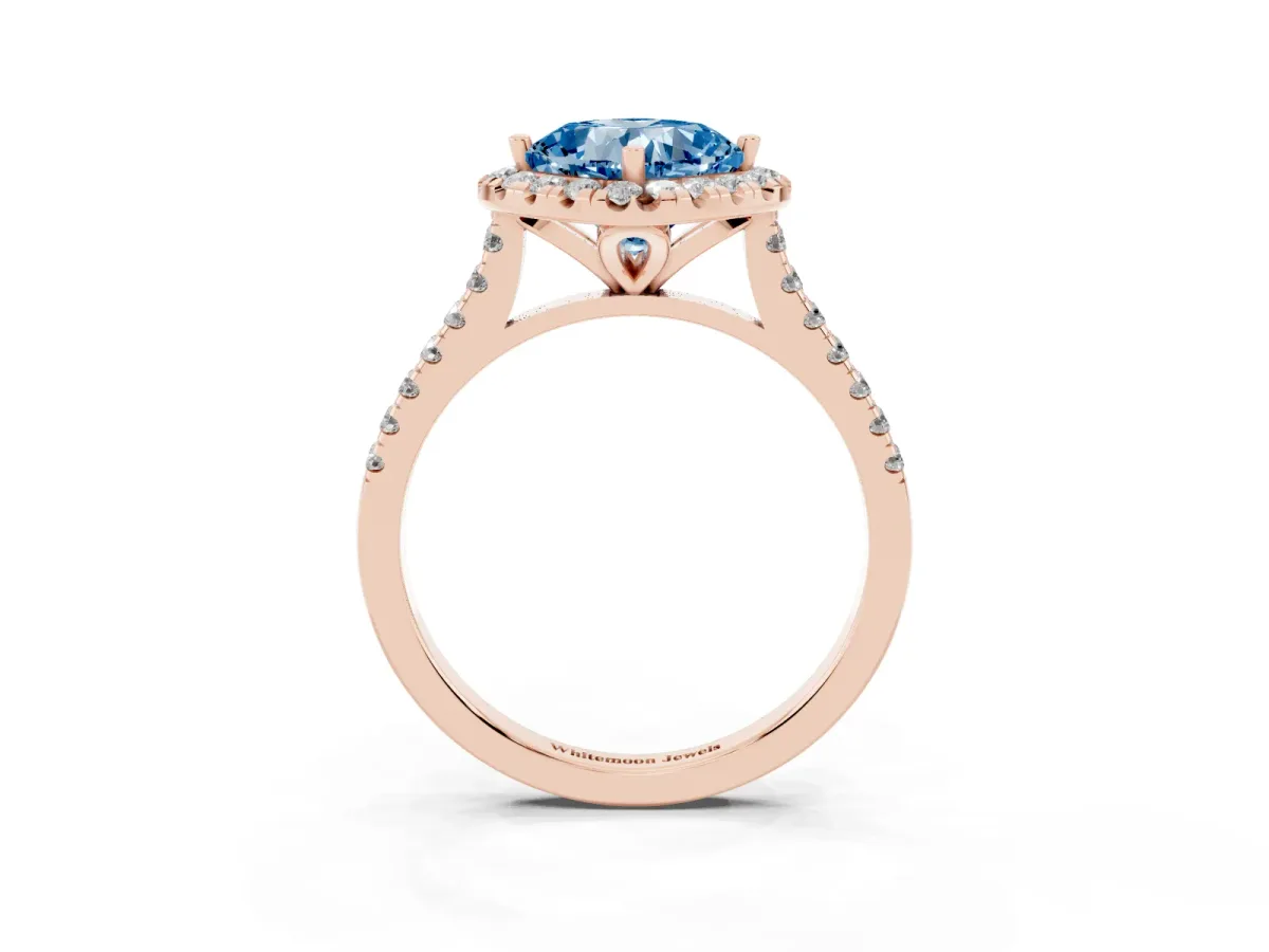 Fancy Blue Cushion Cut Diamond Cushion Halo Ring with Pavé Band Rose gold