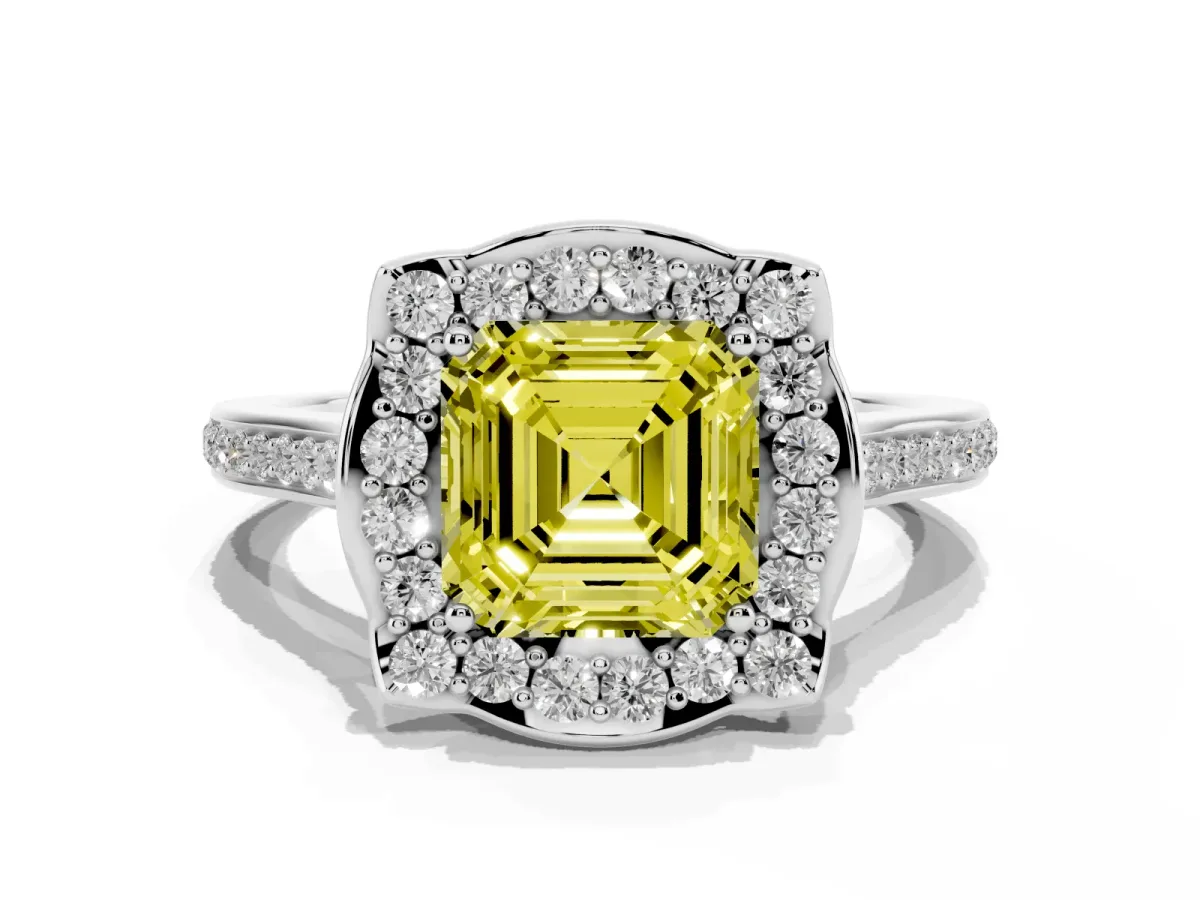 Fancy Yellow Asscher Cut Halo Round Diamond Pave Band with Four-Prong Setting Silver