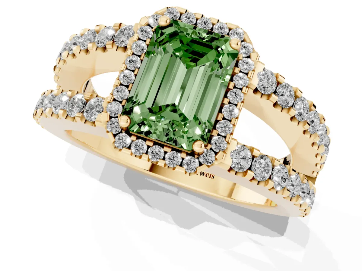 Fancy Green Emerald Cut Cut Halo Split Shank Diamond Ring with Four-Prong Setting Yellow gold