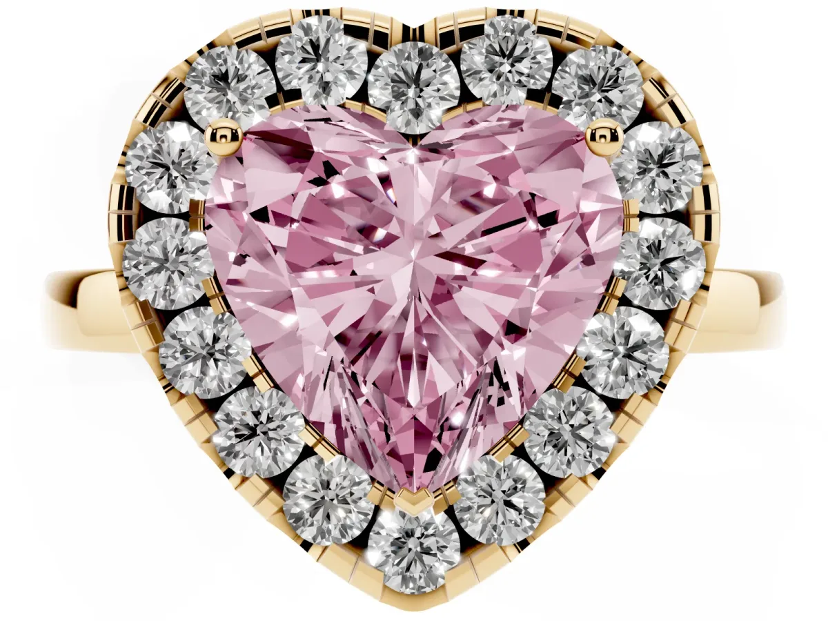 Fancy Pink Heart Cut Halo Diamond Solitaire with Pavé Band and Four-Prong Setting Yellow gold