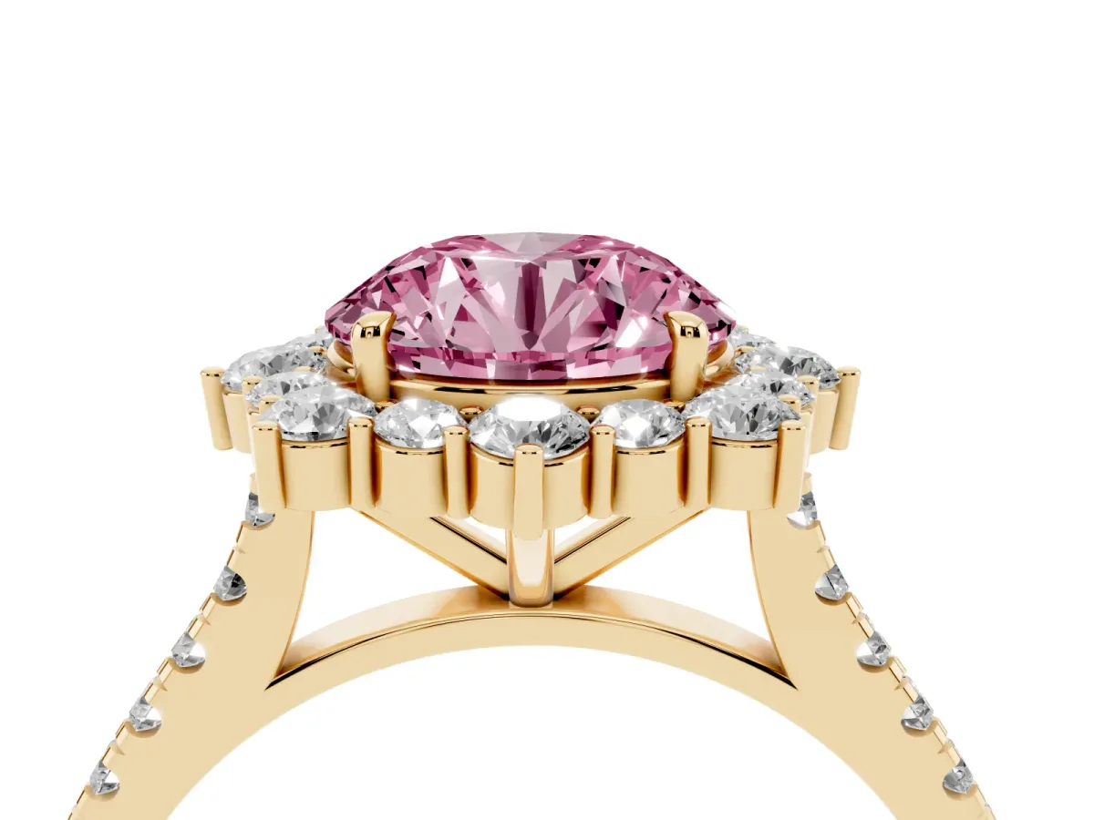 Fancy Pink Round Cut Halo Diamond Ring with Pavé Band and Prong Setting Yellow gold