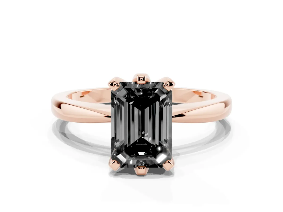 Fancy Black Emerald Cut Solitaire Engagement Ring with Six-Prong Setting and Tapered Band Rose gold