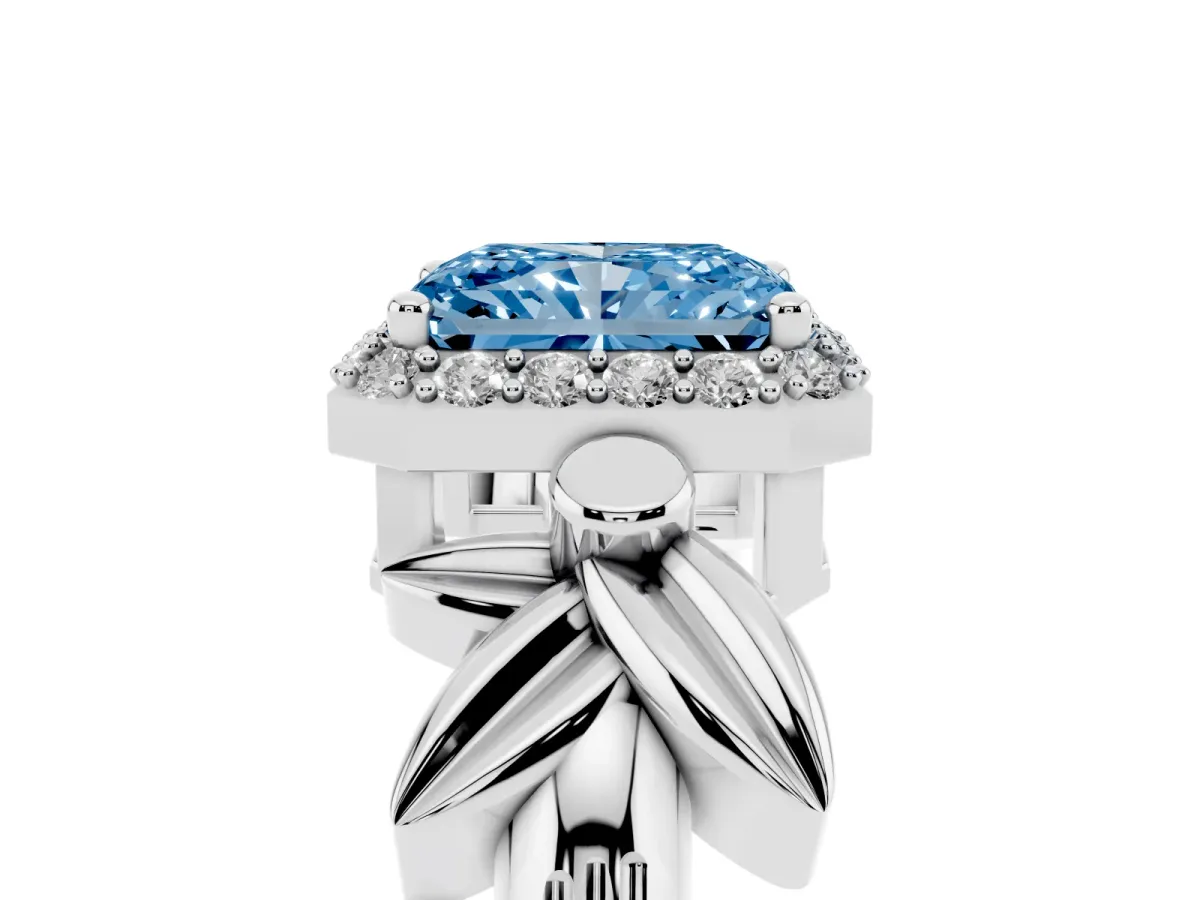 Fancy Blue Radiant Cut Halo Diamond Floral Band with Four-Prong Setting White gold
