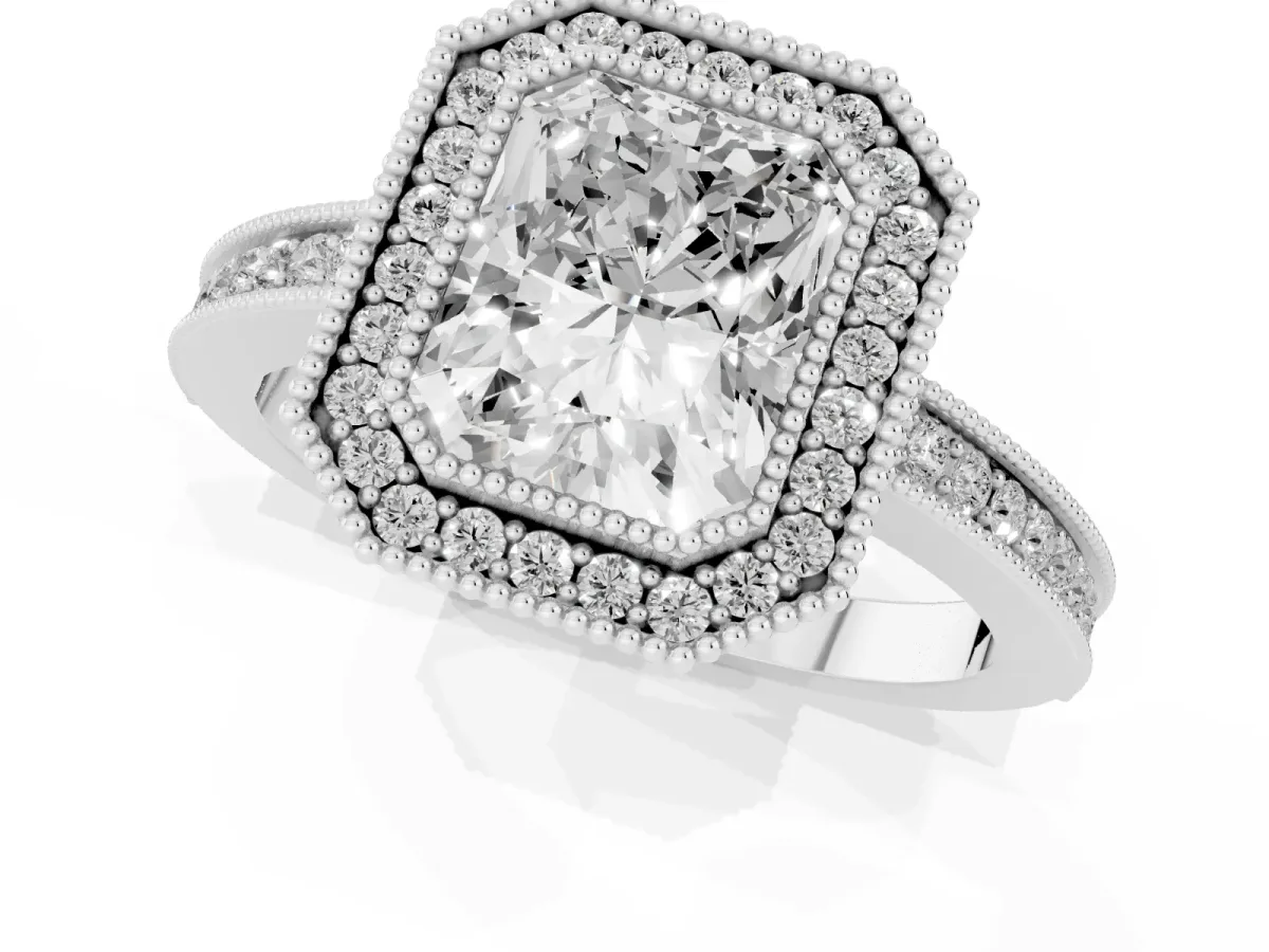 Radiant Cut Cut Halo Diamond Ring with Pavé Band and Milgrain Prong Setting Silver