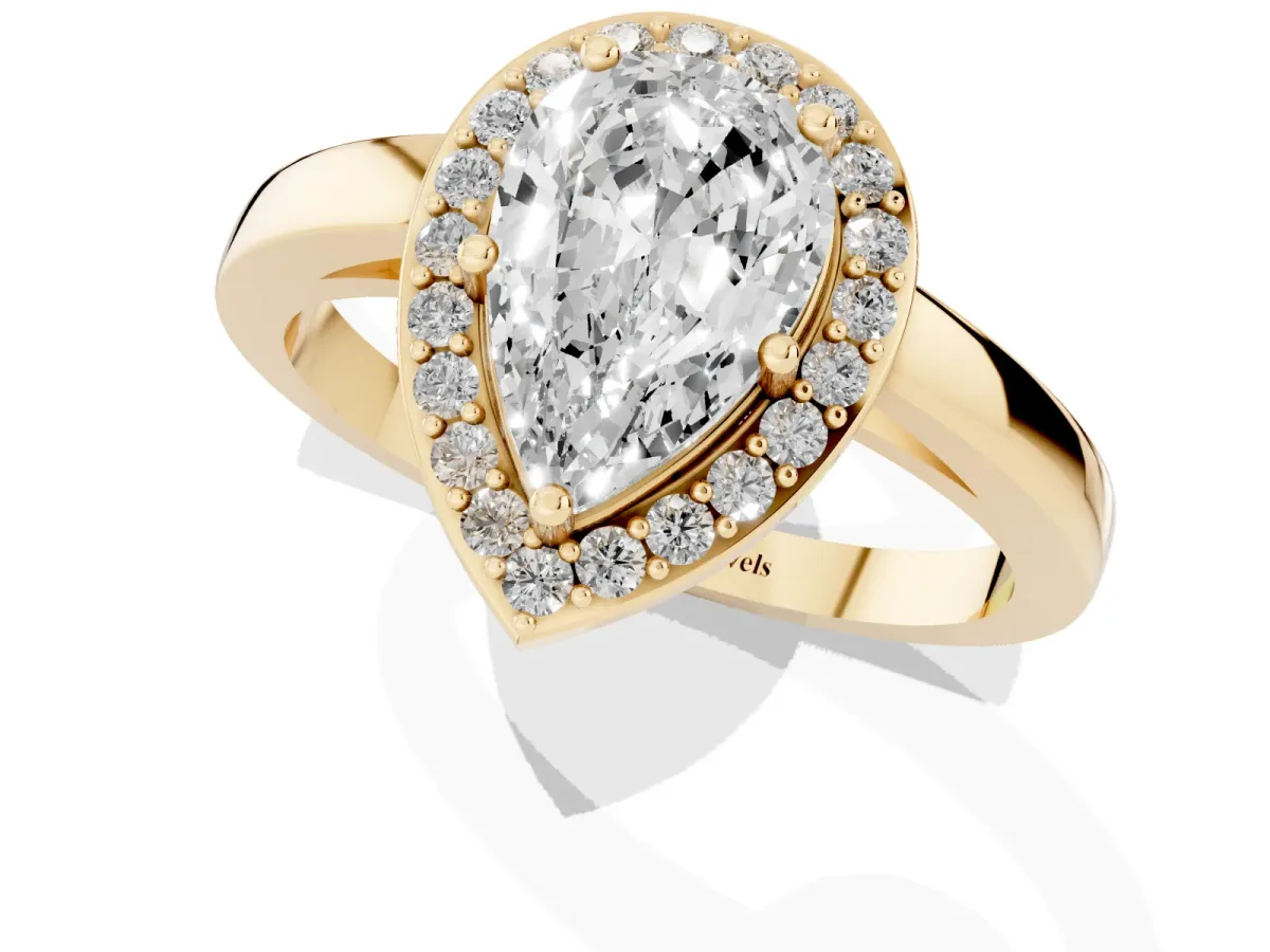 Pear Cut Halo Diamond Ring with Solitaire Band and Prong Setting Yellow gold