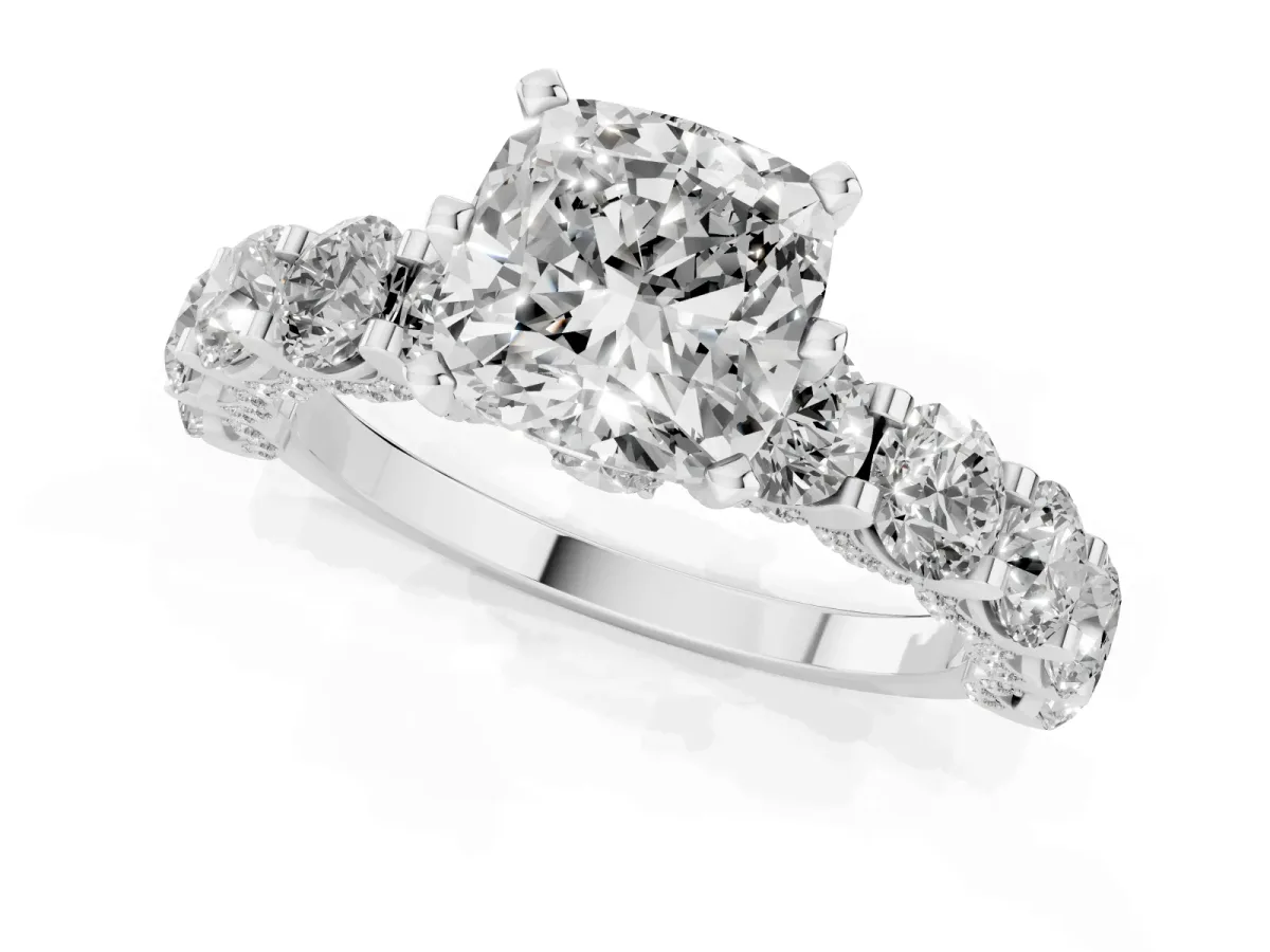 Cushion Cut Diamond Side Stone Engagement Ring with Four-Prong Setting White gold