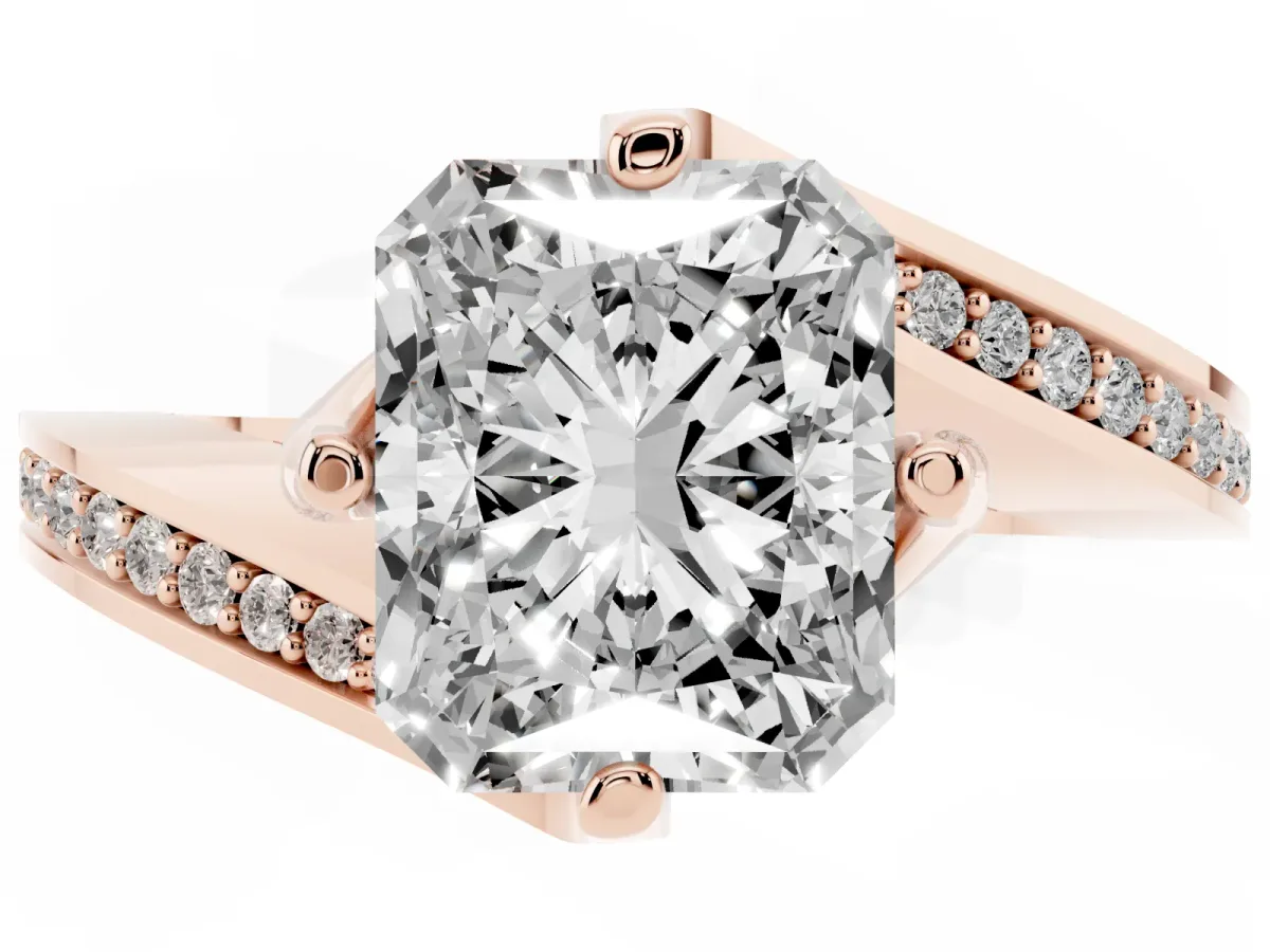 Radiant Cut Solitaire Diamond Twist Band with Pavé Setting and Four-Prong Setting Rose gold