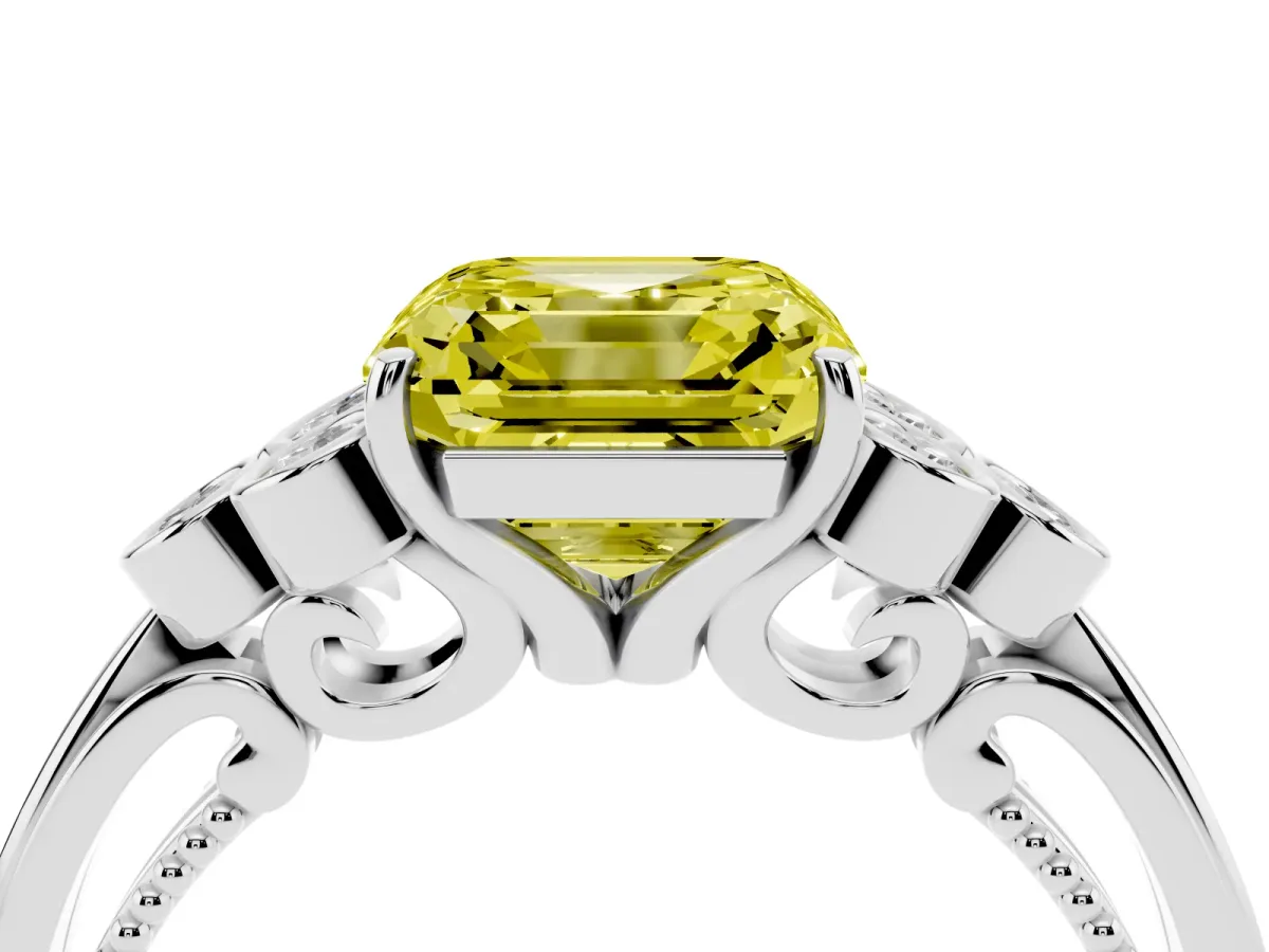 Fancy Yellow Asscher Cut Cut Diamond Engagement Ring with Bezel Set Round Side Stones and Prong Setting Platinum