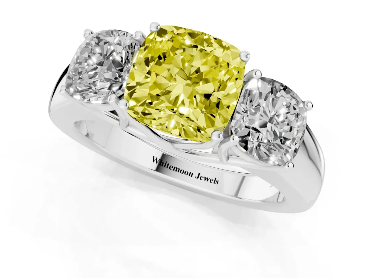 Fancy Yellow Three-Stone Cushion Cut Cut Diamond Ring with Prong Setting and Classic Band Silver