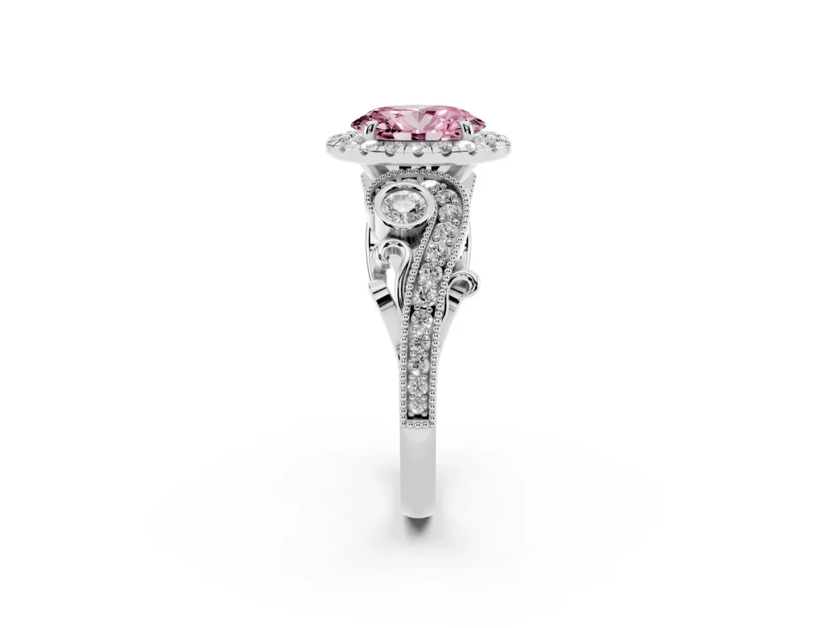 Fancy Pink Oval Cut Diamond Halo Ring with Milgrain Pavé Band and Four-Prong Setting Silver