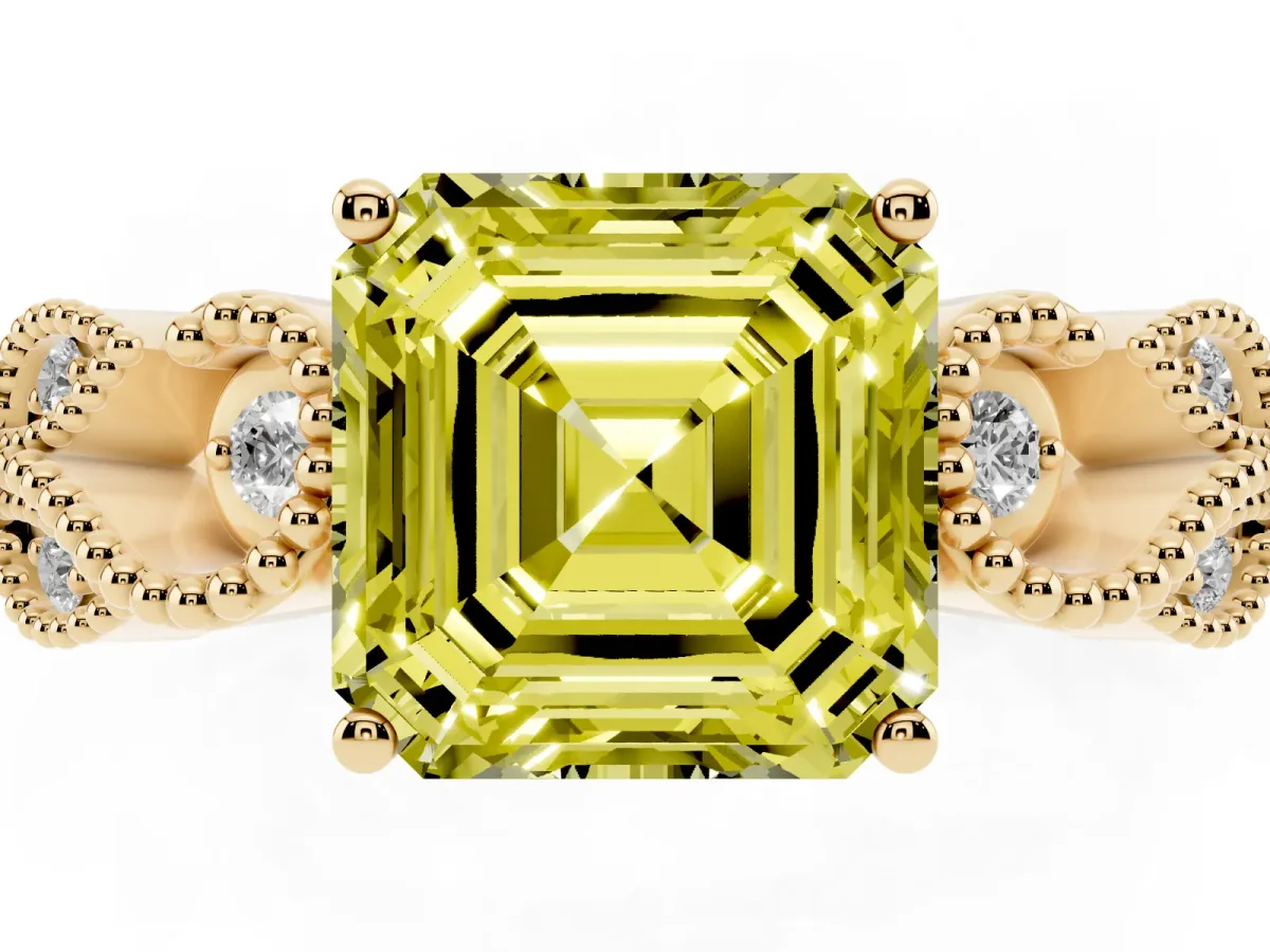 Fancy Yellow Asscher Cut Solitaire Milgrain Leaf Band with Prong Setting Yellow gold