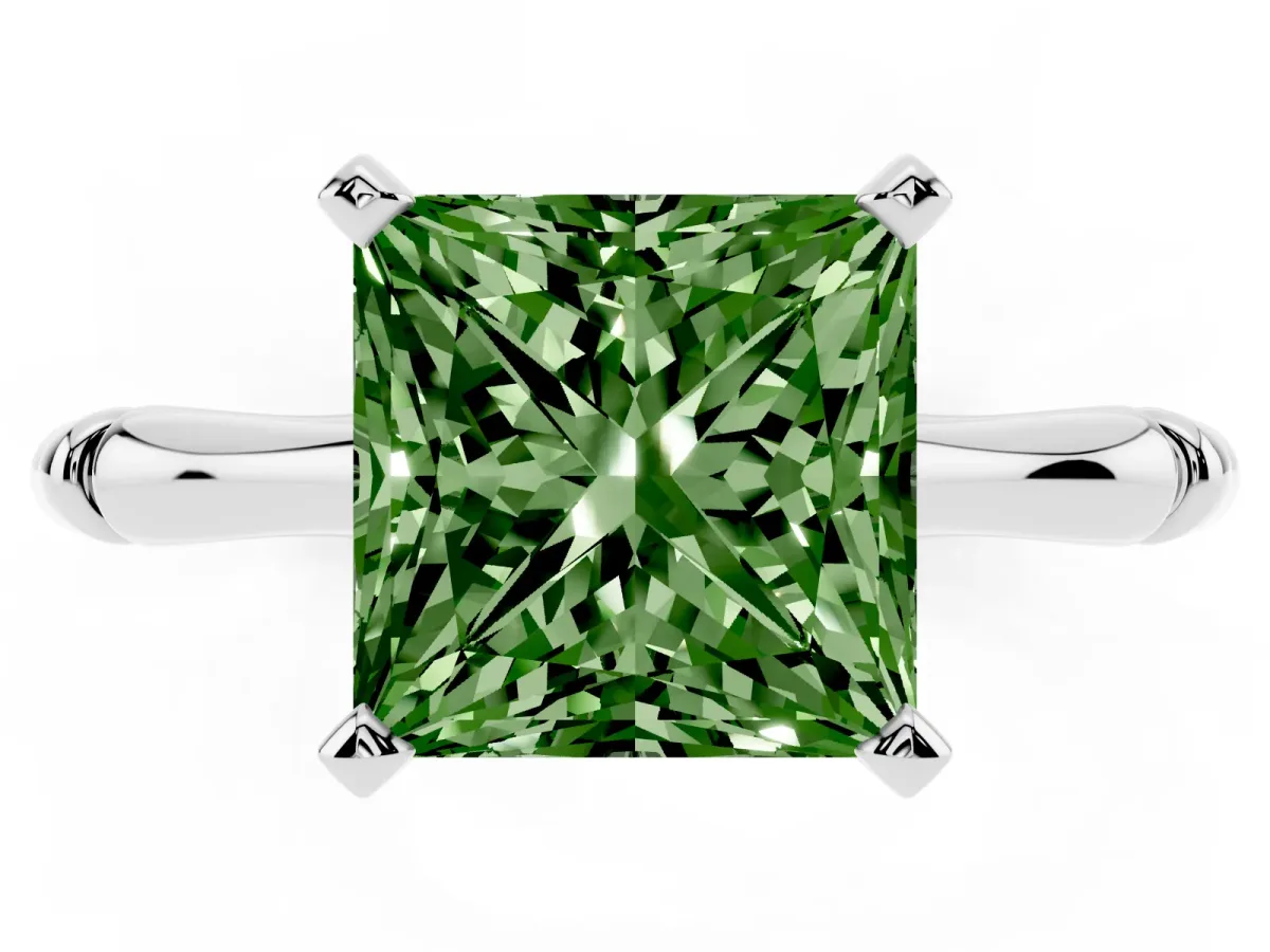Fancy Green Princess Cut Solitaire Diamond Ring with Bamboo Band and Four-Prong Setting Silver