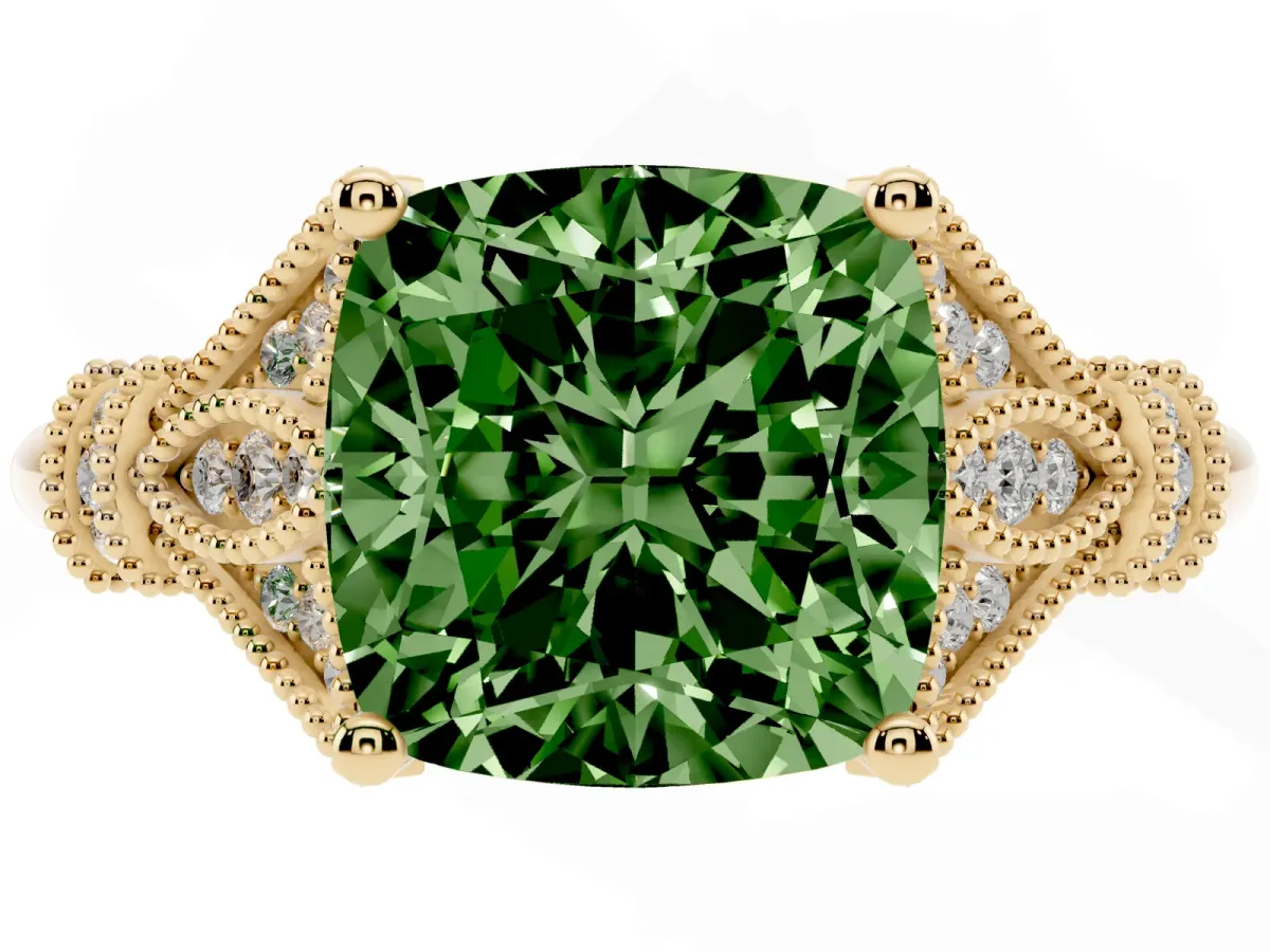 Fancy Green Cushion Cut Diamond Solitaire Ring with Floral Filigree and Pave Accents Yellow gold