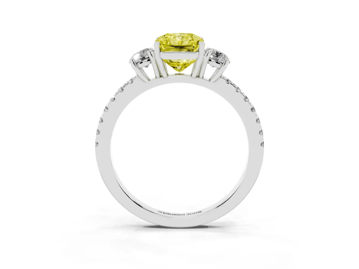 Fancy Yellow Three-Stone Radiant Cut Cut Diamond Pavé Band with Prong Setting Silver