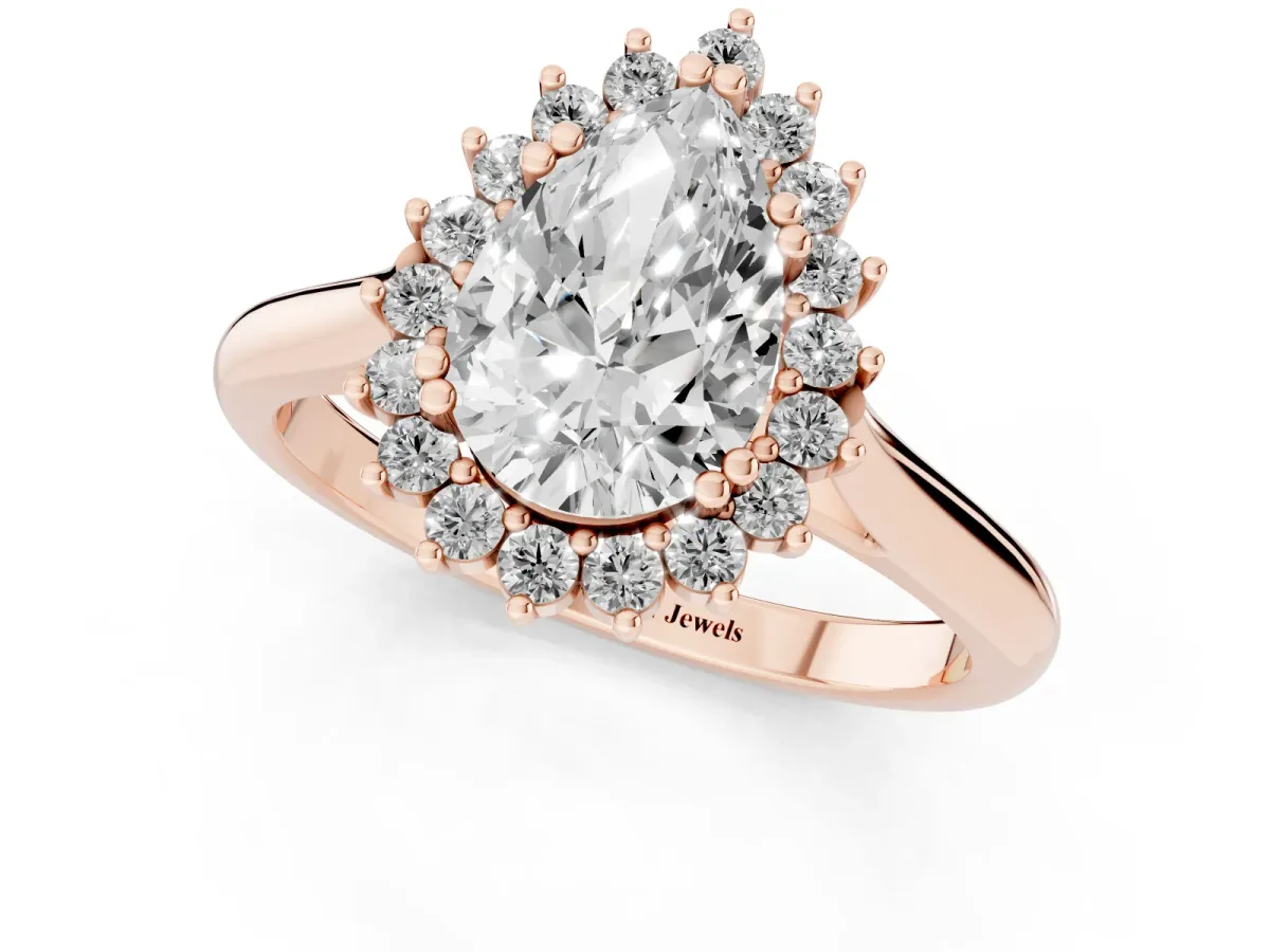 Pear Cut Cut Diamond Halo Ring with Solitaire Band and Prong Setting Rose gold