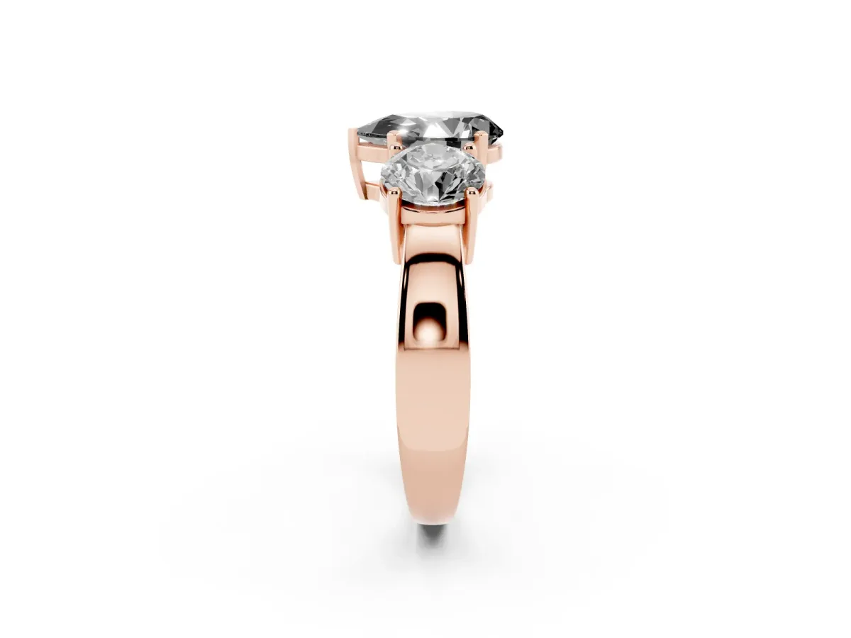 Fancy Black Three-Stone Pear Cut Diamond Ring with Round Side Stones, Classic Band, and Four-Prong Setting Rose gold