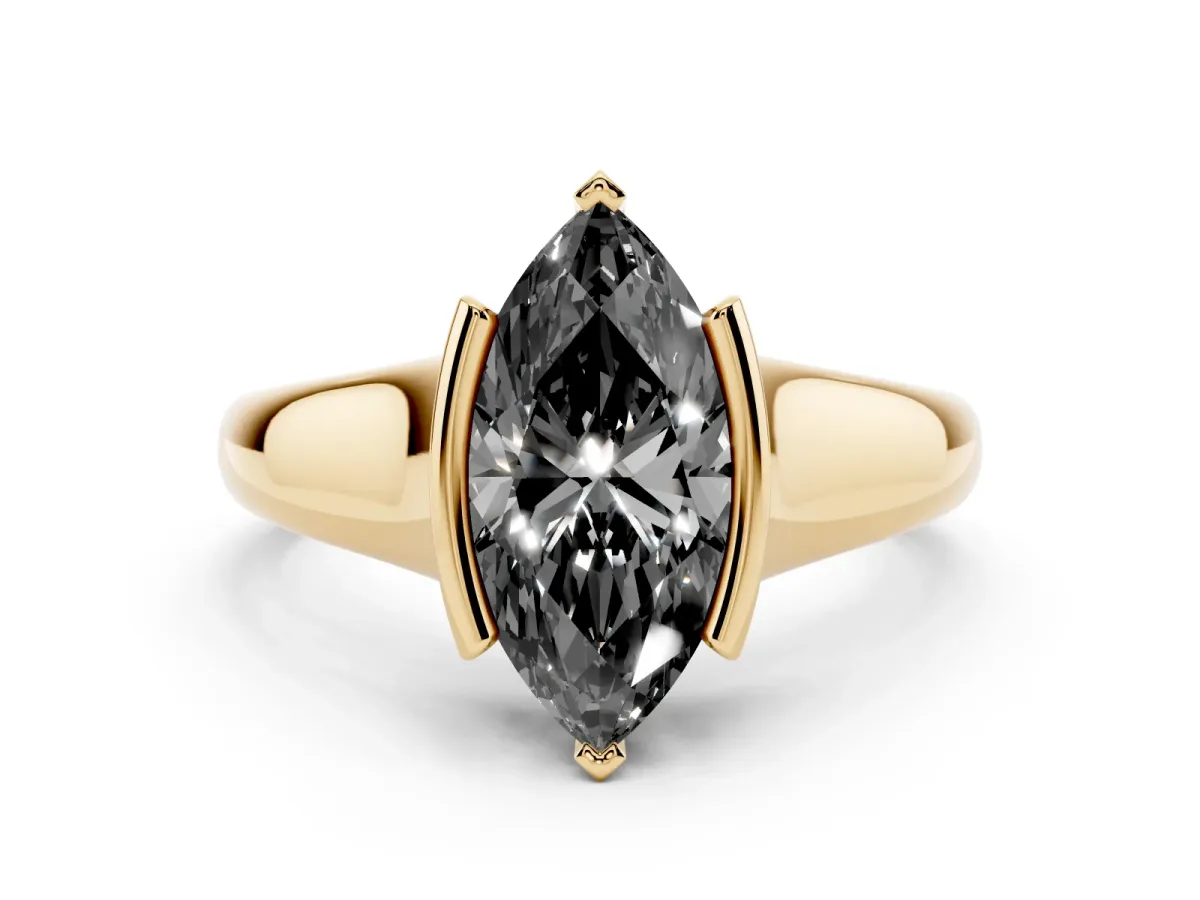 Fancy Black Marquise Cut Solitaire Tension Set Diamond Ring with Split Shank Band Yellow gold