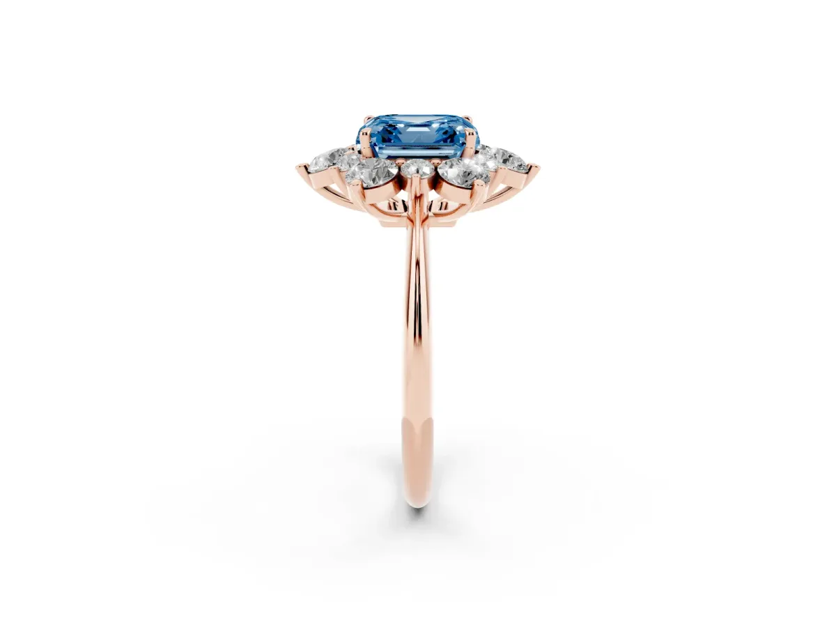 Fancy Blue Asscher Cut Diamond Cluster Halo Ring with Solitaire Band and Four-Prong Setting Rose gold