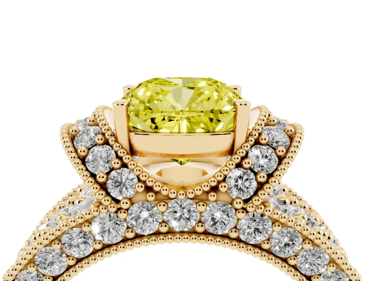 Fancy Yellow Cushion Cut Halo Pave Diamond Engagement Ring with Milgrain Detailing Yellow gold