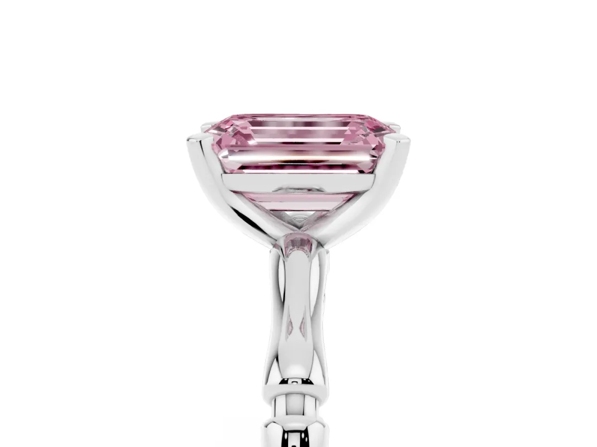 Fancy Pink Emerald Cut Solitaire Diamond Ring with Bamboo Band and Four-Prong Setting Silver