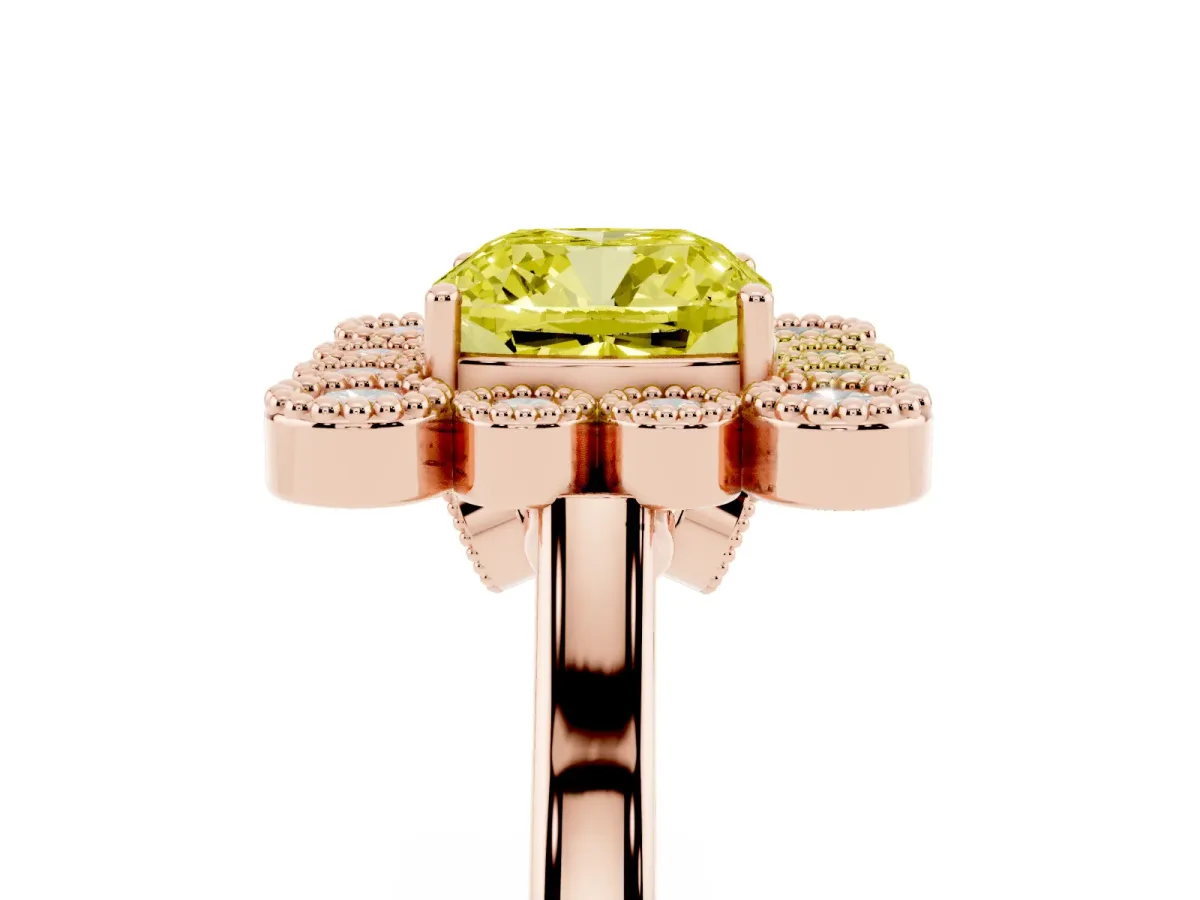 Fancy Yellow Cushion Cut Halo Diamond Cluster Engagement Ring with Milgrain Bezel Setting and Solitaire Band Rose gold