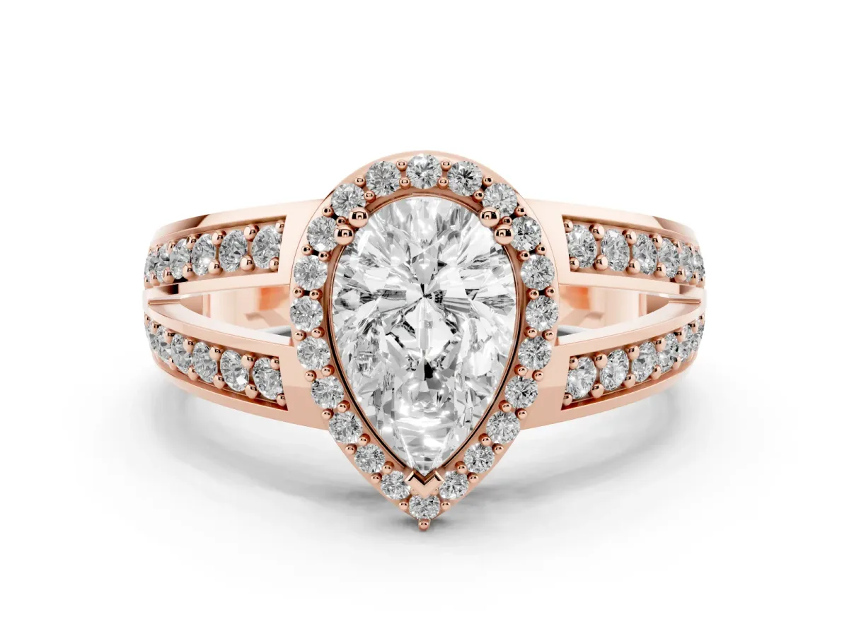 Pear Cut Diamond Halo Ring with Split Shank Pavé Band and Four-Prong Setting Rose gold